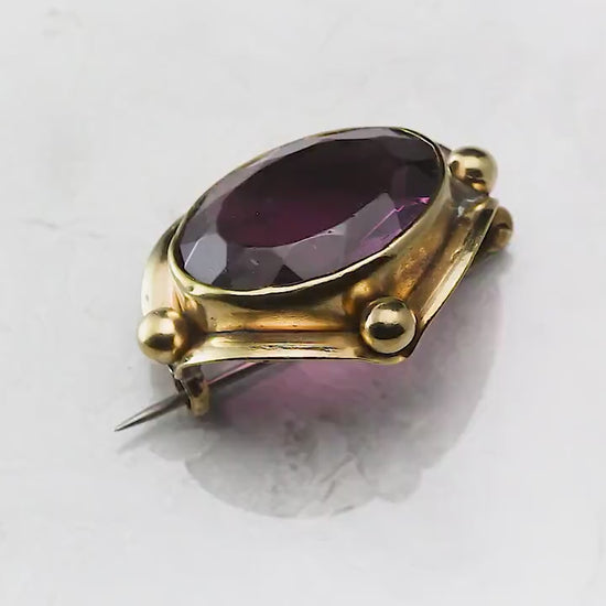 Antique Victorian Edwardian Era c1890-1910 Gilded Brass Brooch Pin, Faceted Glass Paste Faux Purple Amethyst, Unique Gift Jewellery Jewelry