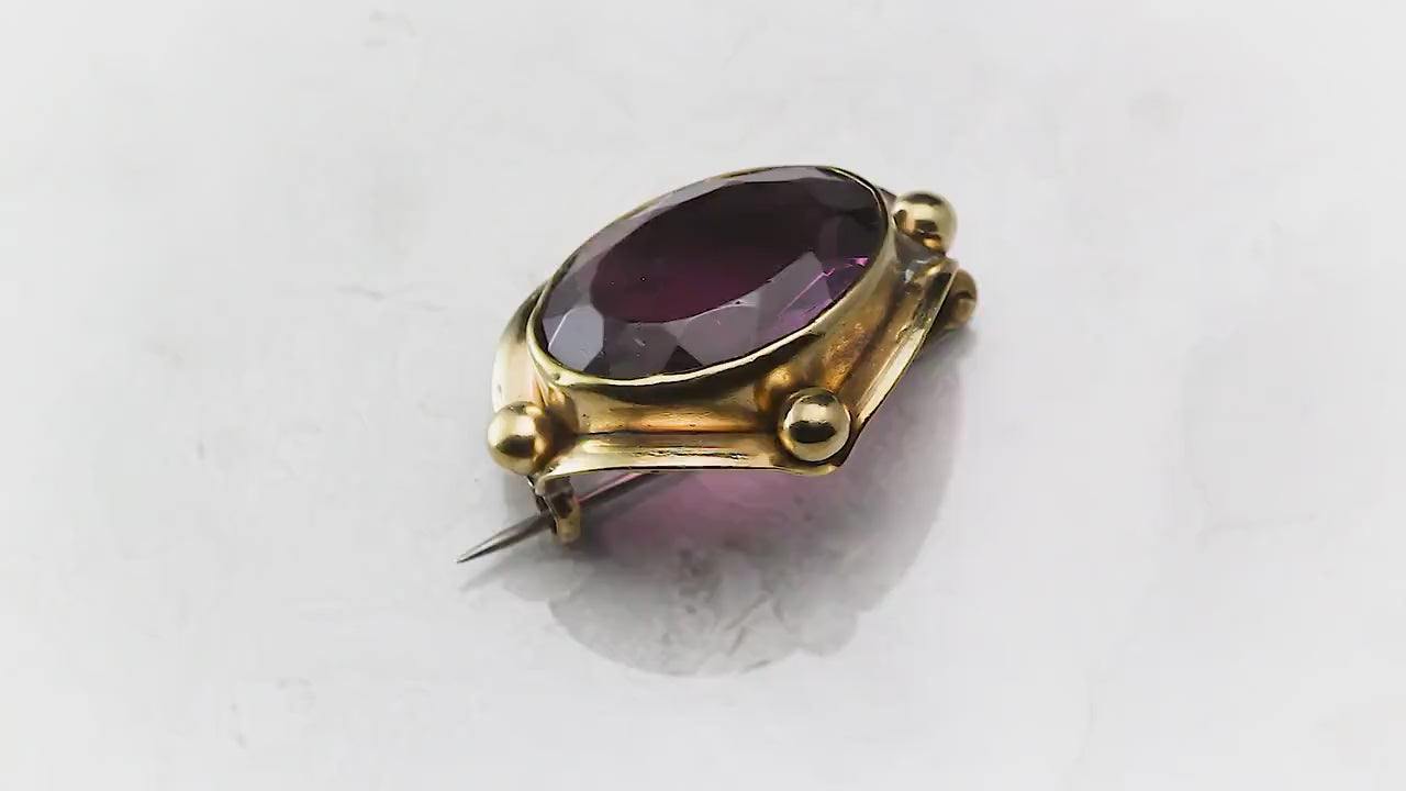 Antique Victorian Edwardian Era c1890-1910 Gilded Brass Brooch Pin, Faceted Glass Paste Faux Purple Amethyst, Unique Gift Jewellery Jewelry
