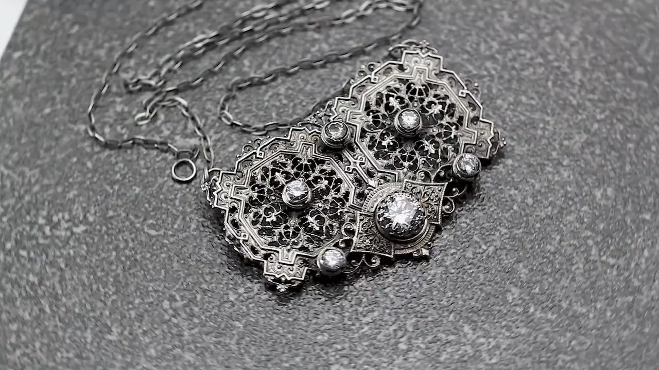 Antique Vintage 1915-1935 Czech Art Deco Half Belt Buckle, Repurposed One, Filigree Pendant Necklace, Antique Silver Plated, Unique Gift